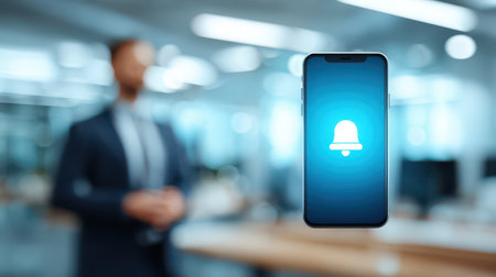 Smartphone Notification Icon in Office Setting with Blurred Businessman in Background, Modern Technology and Communication Conceptの素材