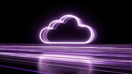 Vibrant Digital Cloud Icon with Abstract Light Trails on Dark Background Representing Technology and Connectivity in Modern Worldの素材