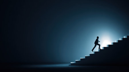 Silhouette of a person climbing illuminated stairs in a dark space, representing progress, ambition, and perseverance in a minimalist environmentの素材