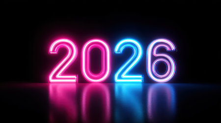 Neon Lights Displaying Year 2026 with Bright Colors of Pink and Blue in Dark Background for Celebration Representation and Future Eventsの素材