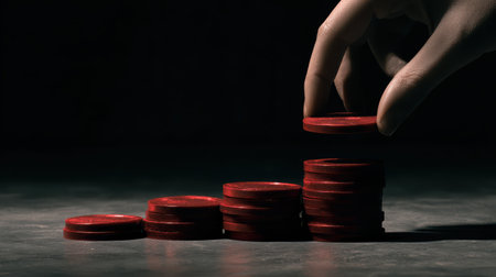 Hand stacking red chips in a dark environment, symbolizing determination, risk, strategy, and success in gaming, finance, or personal achievement goalsの素材