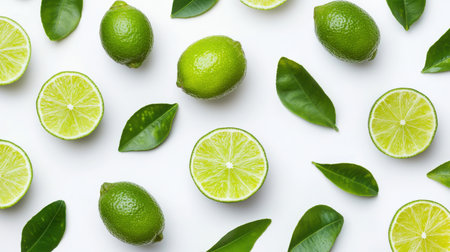 Fresh Limes and Green Lime Slices with Bright Green Leaves on a White Background for Culinary Themesの素材