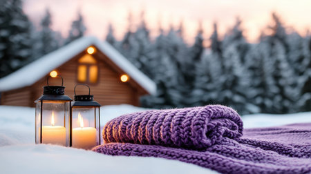 A serene winter setting featuring a purple knitted blanket and glowing lanterns resting on fresh snow, with a charming cabin nestled among evergreen trees in the backdrop.の素材