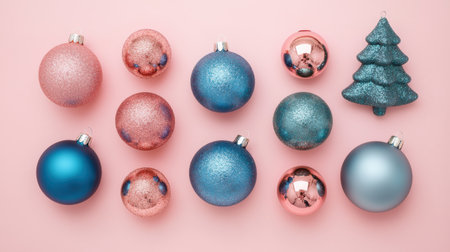 A collection of colorful Christmas ornaments in blue, pink, and silver arranged on a soft pink background, perfect for festive decorations and holiday celebrations.の素材
