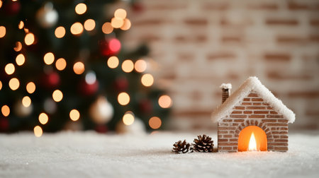 A charming Christmas setting featuring a lit miniature house surrounded by pine cones, evoking feelings of warmth, joy, and festive spirit in a snowy holiday scene.の素材
