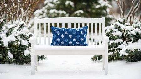 A serene winter scene featuring a white bench adorned with a decorative blue pillow, surrounded by evergreen foliage blanketed in fresh snow, creating a tranquil outdoor setting.の素材