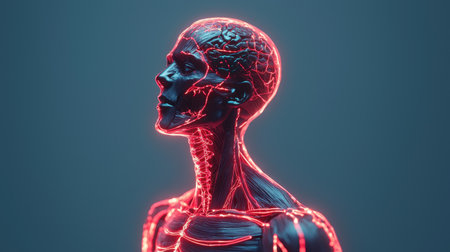 Digital model depicting human anatomy with glowing lines.の素材