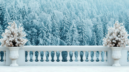 A beautiful winter landscape featuring a snowy pine forest backdrop and an elegant white balustrade with frosty flowers, creating a serene outdoor setting ideal for relaxation.の素材