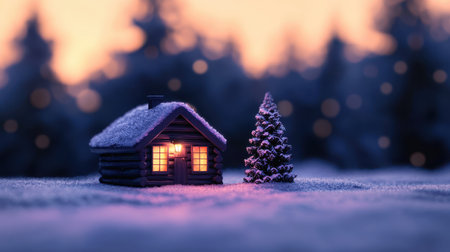 A charming miniature wooden house sits in a snowy landscape, illuminated by warm glowing windows. Surrounded by frosted pine trees, it evokes a cozy winter evening.の素材