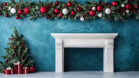 A cozy holiday scene featuring a beautifully decorated Christmas tree, elegant ornaments, and wrapped gifts against a striking blue wall, perfect for festive decor inspiration.の素材