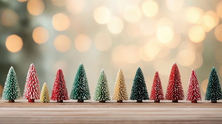 A charming arrangement of colorful miniature Christmas trees on a wooden surface, set against a blurred bokeh background, capturing the festive spirit of the holiday season.の素材