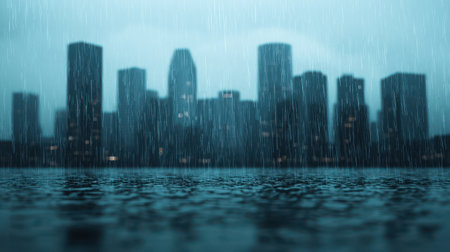 Rainy cityscape with blurred buildings in the background.の素材