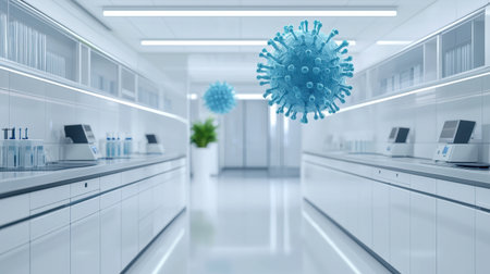 Modern sterile laboratory with blue virus models suspended in air.の素材
