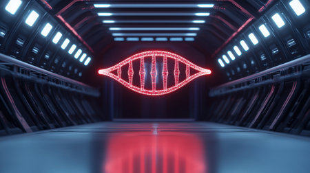 Futuristic corridor with a glowing eye symbol.の素材