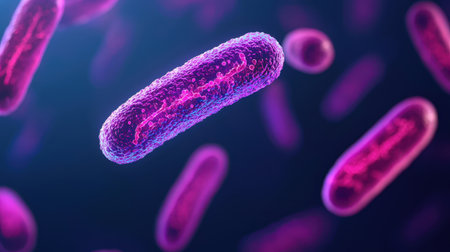 Microscopic view of vibrant bacteria in purple hues.の素材