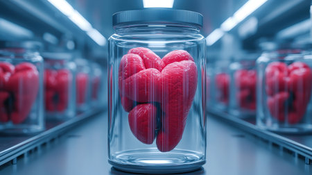 Glass jar containing red heart-shaped objects on a conveyor belt.の素材