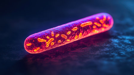 Microscopic bacteria in a glowing, colorful environment.の素材