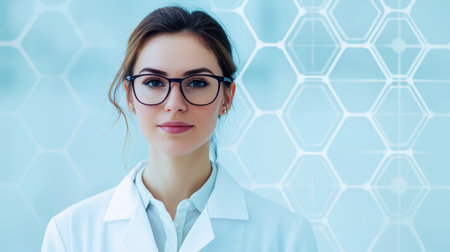 Scientist in a lab coat with glasses against a hexagonal background.の素材
