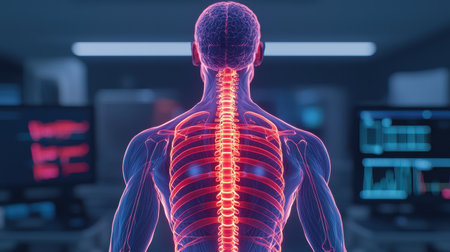 Human anatomy visualization with a focus on the spine.の素材