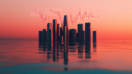 Digital cityscape with stock market data against a sunset backdrop.の素材