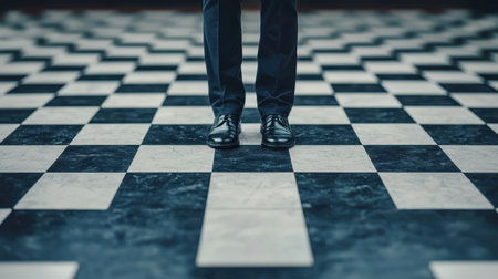 Person standing on a checkered floor pattern.の素材