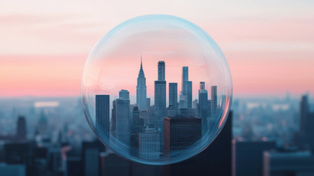 Cityscape reflected in a soap bubble against a sunset background.の素材