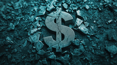 Dollar symbol on cracked surface with a dark, textured background.の素材
