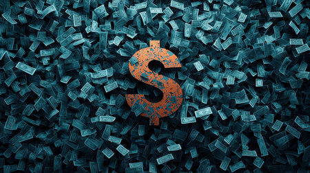 Dollar symbol surrounded by scattered money notes in dark tones.の素材