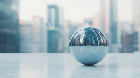 Reflective sphere with city skyline in the background.の素材