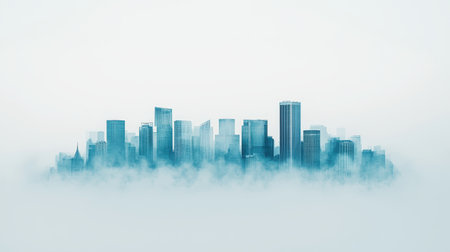 City skyline emerging from fog with a blue tint.の素材