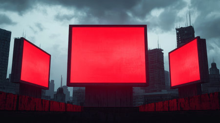 Illuminated red screens against a moody urban backdrop.の素材