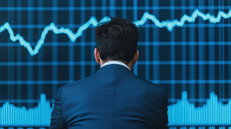 A man analyzes stock market trends on a digital screen.の素材