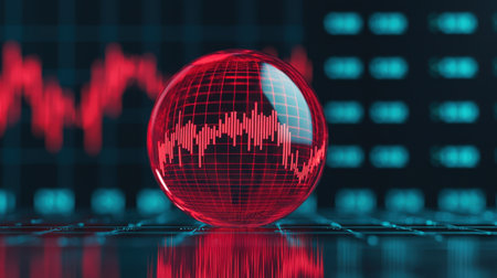 Red globe with data visualization on digital display background.の素材