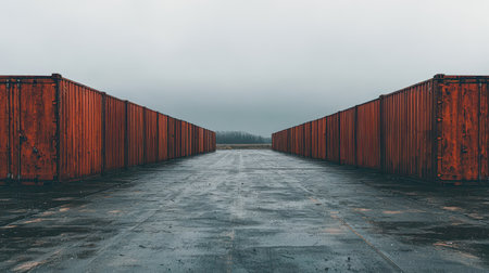 Empty road lined with rusty containers under a cloudy skyの素材