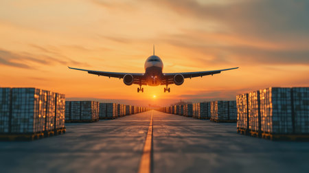 Airplane landing at sunset over cargo pallets in an industrial setting.の素材