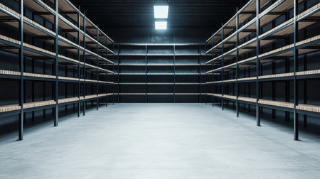 Empty industrial storage space with metal shelves and concrete floor.の素材