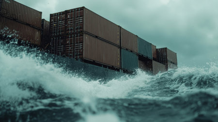 Cargo containers on a ship amidst turbulent ocean waves.の素材