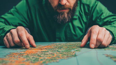 Person examining a map with focused attention and a contemplative expression.の素材