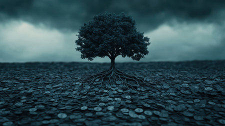 A solitary tree against a dark, moody sky and textured ground.の素材