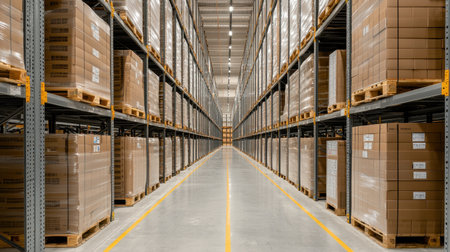 Warehouse interior with stacked pallets and organized aisles.の素材