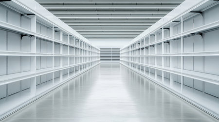 Empty white shelves in a spacious, minimalistic environment.の素材