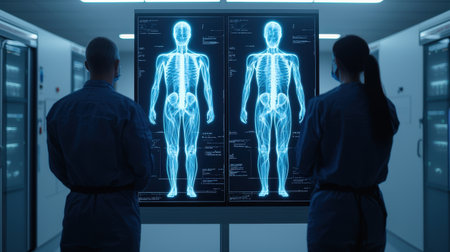 Medical professionals analyzing digital human anatomy display.の素材
