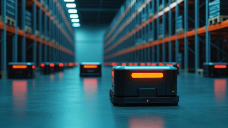 Automated robots working in a modern warehouse setting.の素材