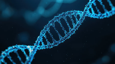 DNA strands illuminated in blue against a dark background.の素材
