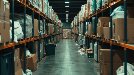 Warehouse interior filled with boxes and shelves in organized rows.の素材