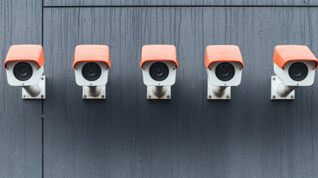 Surveillance cameras mounted on a wall with orange tops.の素材