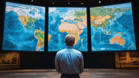 Person gazing at large digital world maps in a modern setting.の素材