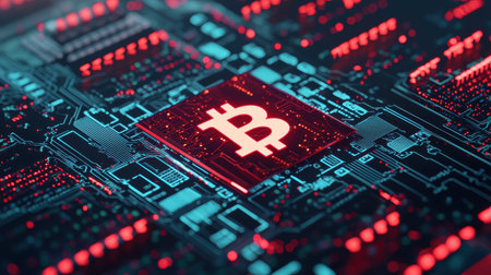 Digital circuit board featuring a Bitcoin symbol and vibrant colors.の素材