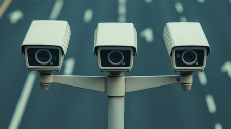 Surveillance cameras monitoring a busy roadway.の素材
