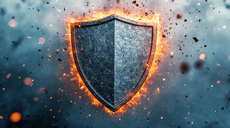 Fiery shield symbolizing protection and strength in a dramatic backdrop.の素材